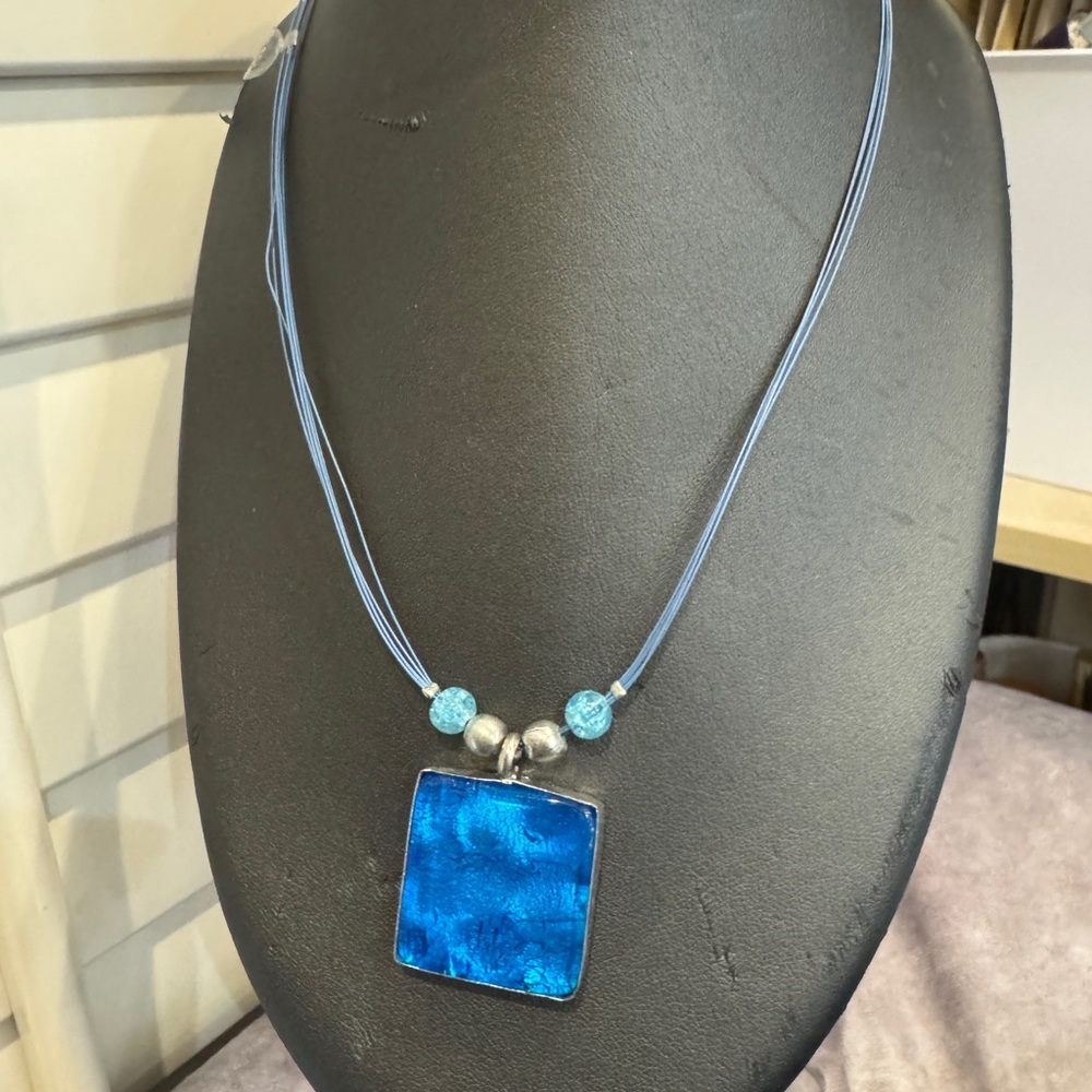 Blue Square Glass Pendant on cord Necklace - Women Jewelry